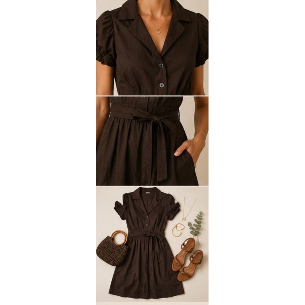 Eliza J Collared Puff Sleeve Dress Size Small Brown Dark Academia Coquette Retro - Picture 13 of 13